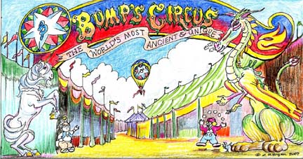 Frea, Bif-Bof, Master Bump, and Mortimer the Magnificent welcome you at the Midway gate of Bump's Circus!