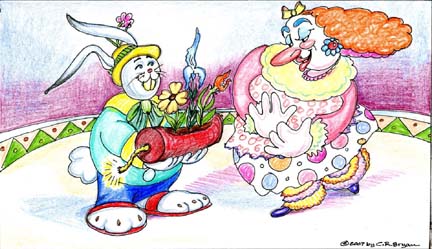 The Rabbit -clown Bif-Bof offers a fire-cracker disguised as a flower-box to a female clown in a frilly costume.