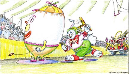 The rabbity-clown Bif-Bof sneaks up behind an Egg-shaped clown and cracks a paddle, which disturbs the Egg-clown and his invisible dog, Echoes.