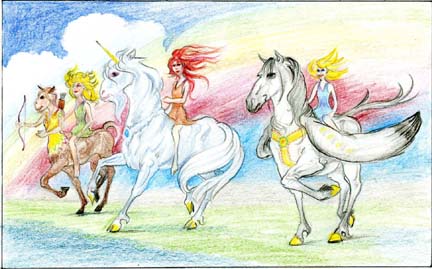 Three small and beautiful ladies ride on three magical creatures in a glory of rainbow light.