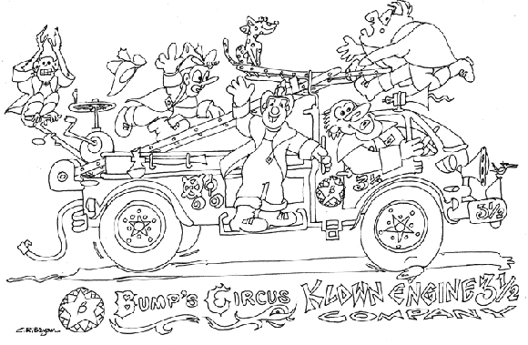 The crazy clowns of the Bump's Circus Fire company want you to color them!